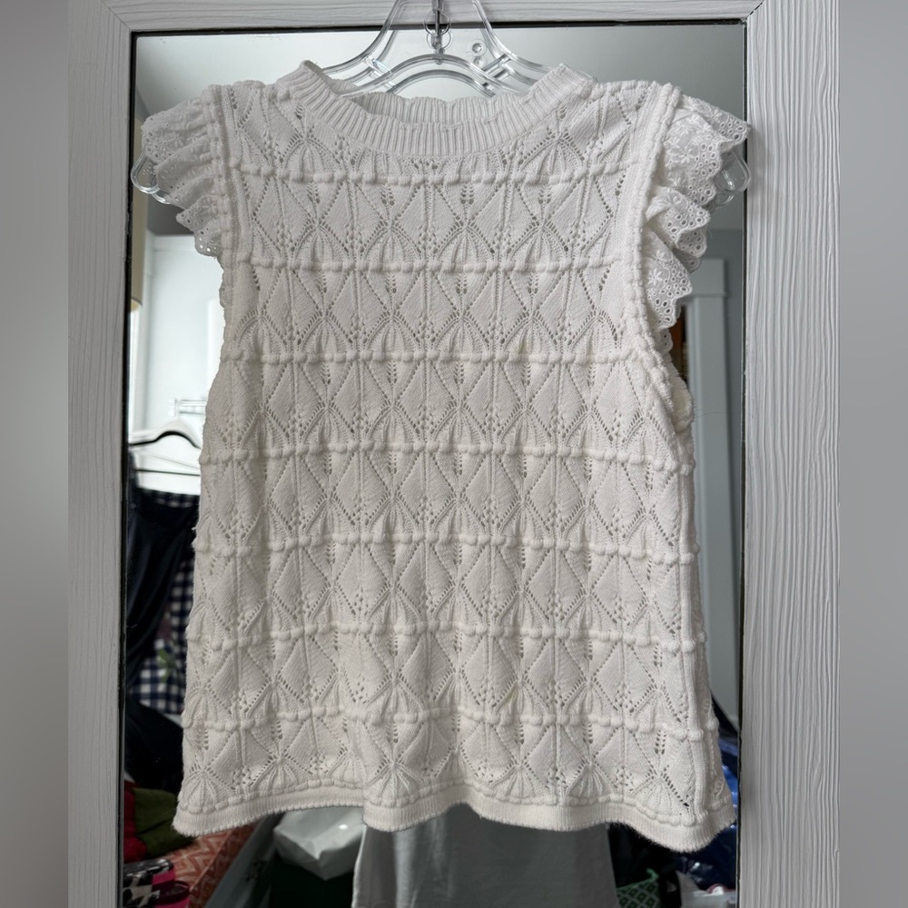 White Knit Sleeveless Top with Eyelet Ruffle Shoulders